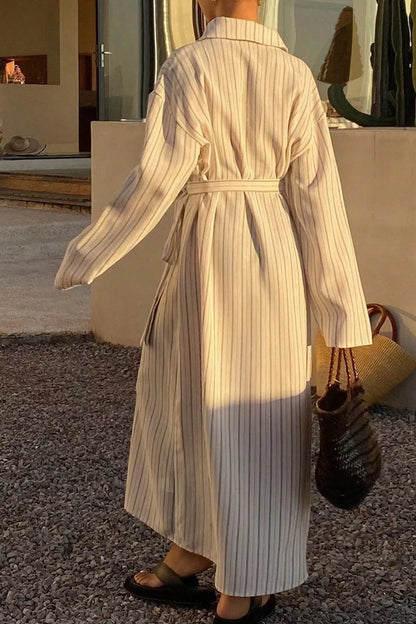 Striped Button-Down Shirt Dress with Waist Tie - White - View 5