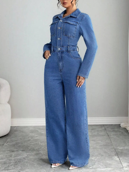 Button Front Long Sleeve Denim Jumpsuit - product photo 2