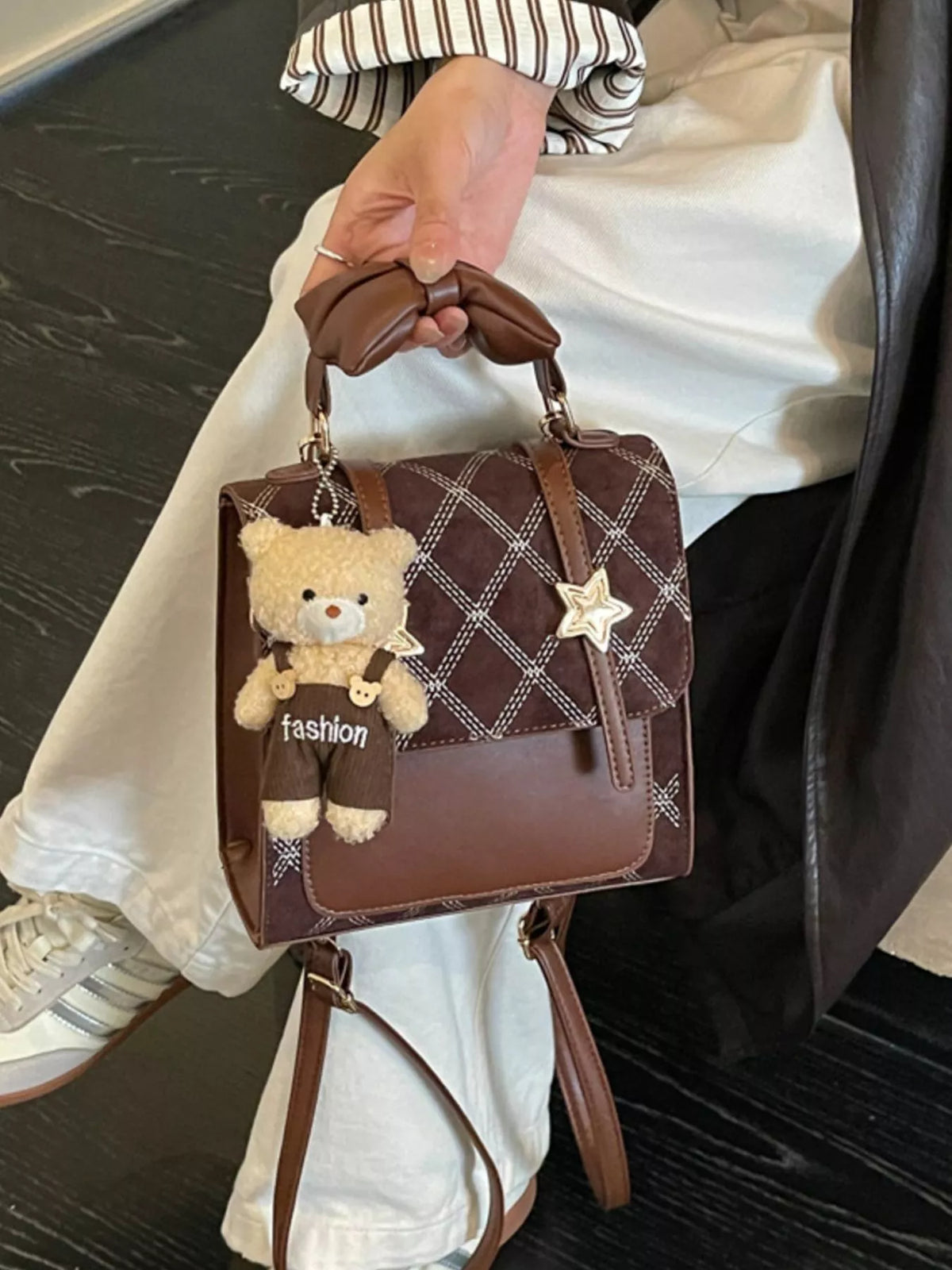 Vintage Diamond Pattern Backpack Bag - Brown - View 1