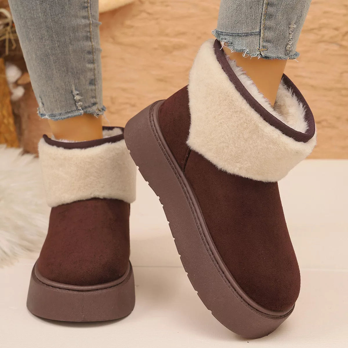 Round Toe Platform Boots - Coffee Brown - View 9