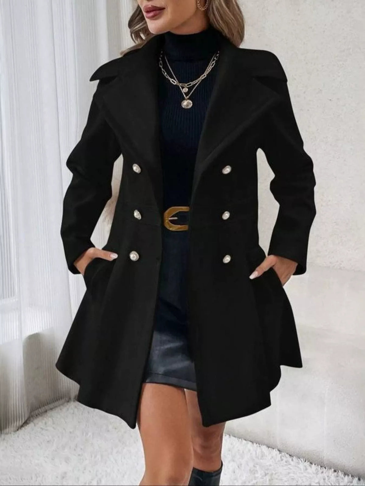 Double-Breasted Peplum Coat - Black - View 1