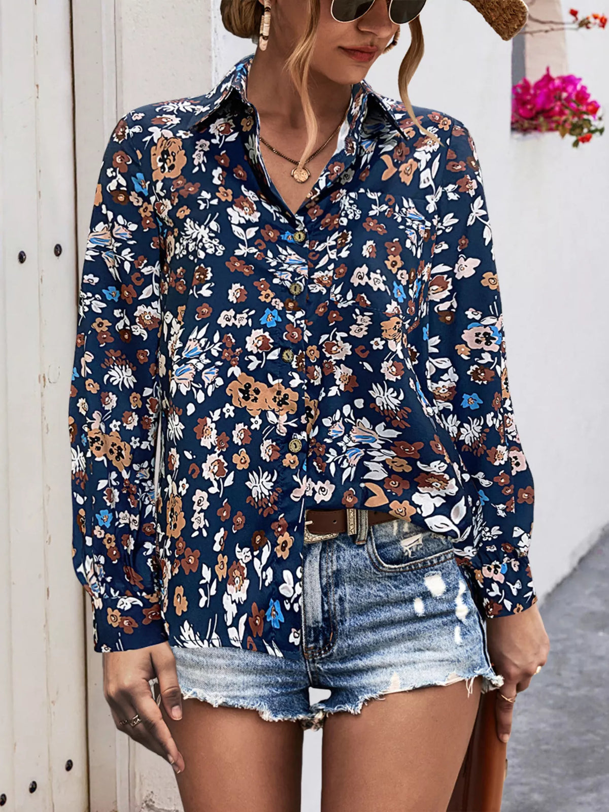 Printed Button-Down Long Sleeve Shirt - Navy - View 1