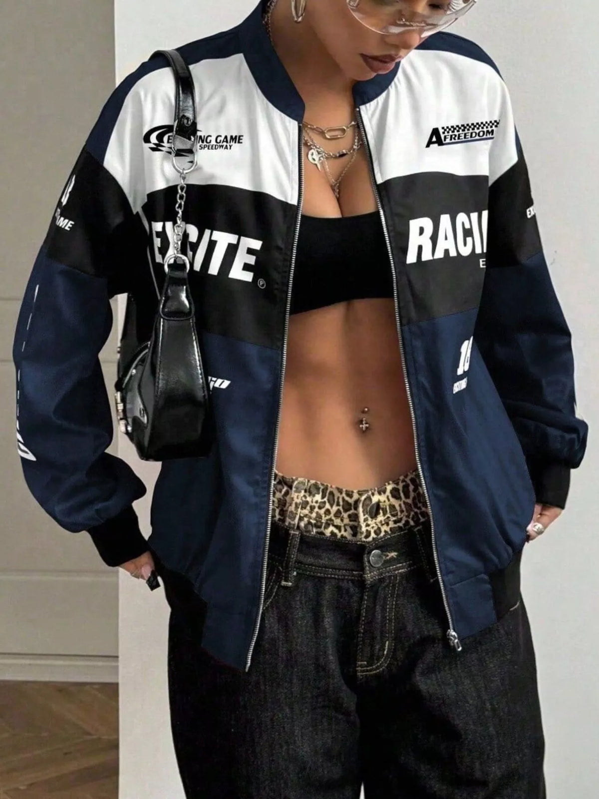 Letter Print Zip Up Jacket - Navy Blue - View 1