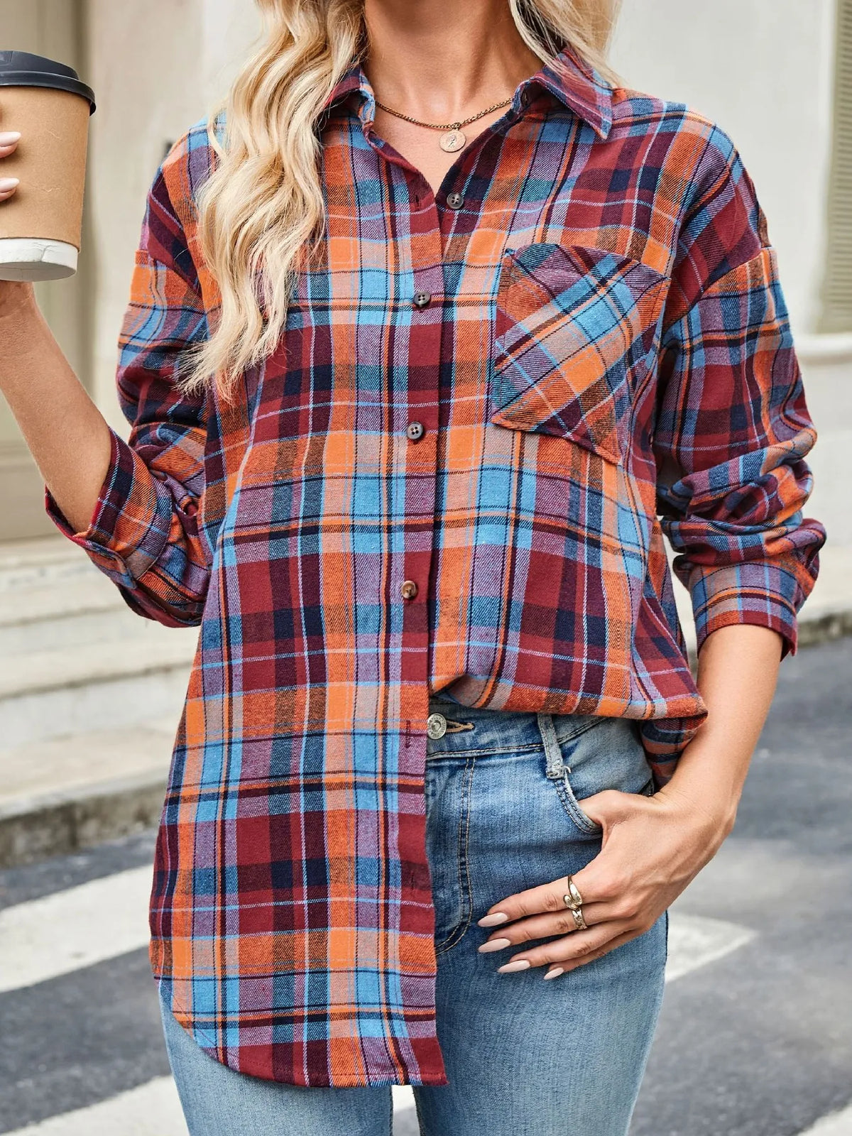 Plaid Button Up Long Sleeve Shirt - Red - View 24