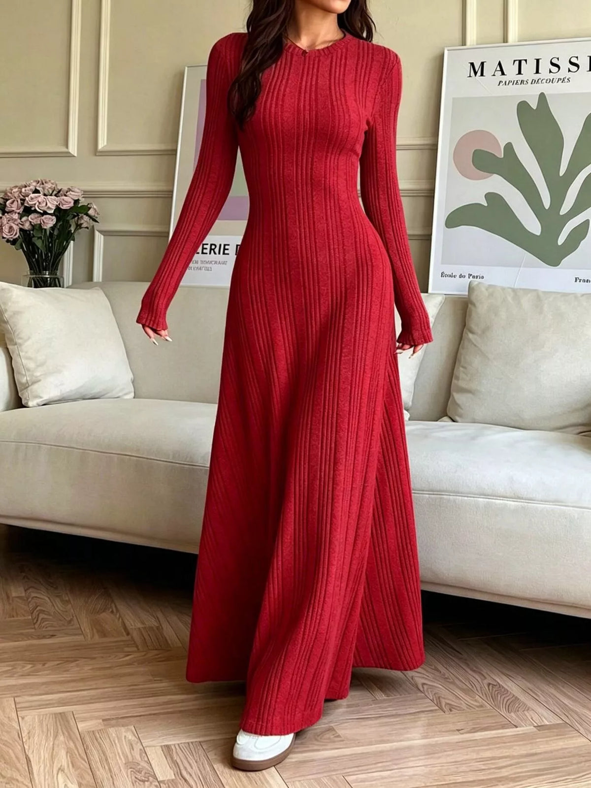 Long Sleeve Ribbed Knit Dress - Deep Red - View 1