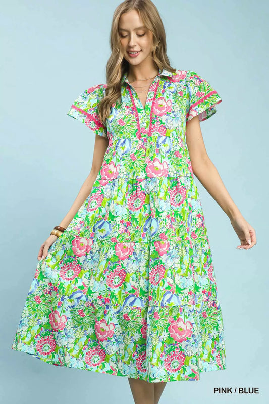 Umgee Bold Mixed Floral Tiered Midi Dress - PINK / BLUE - View 1