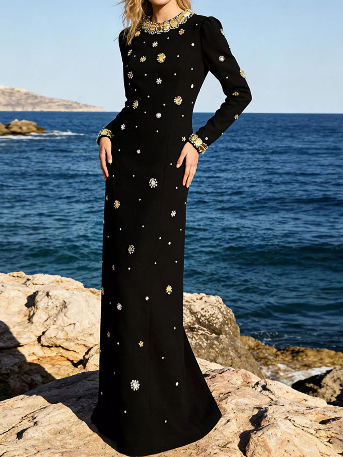 Full Size Rhinestone Long-Sleeve Maxi Evening Dress Plus Size