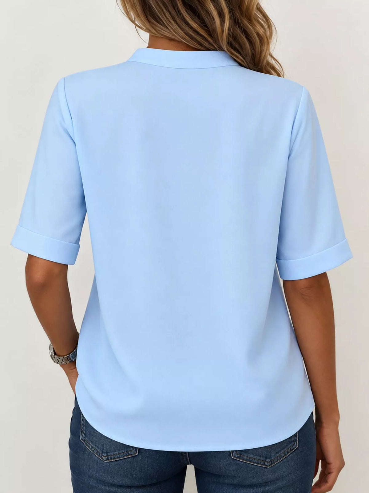 Full Size Notched Short Sleeve Blouse Plus Size - Sky Blue - View 3