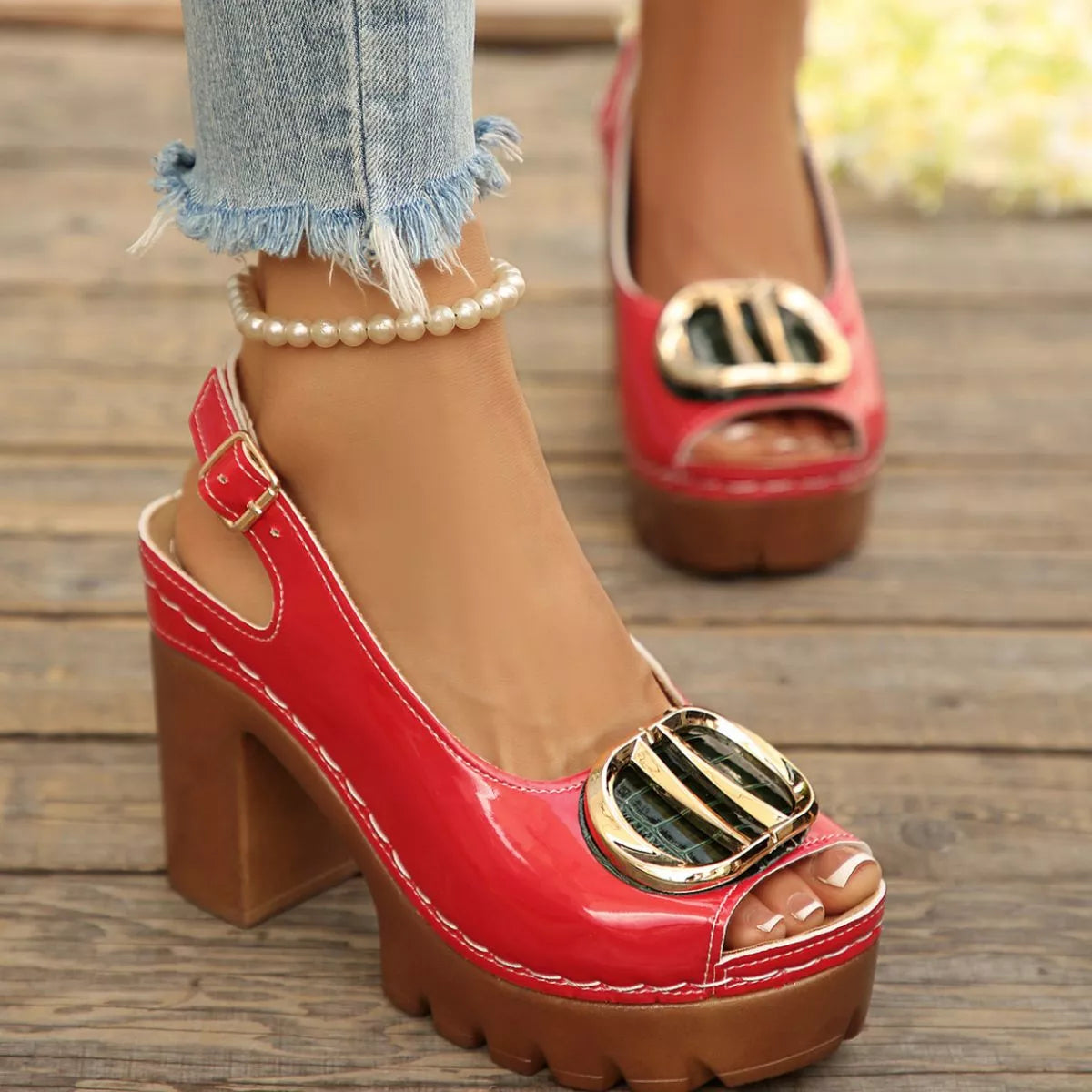 Open Toe Block Heels Sandals - Red - View 2