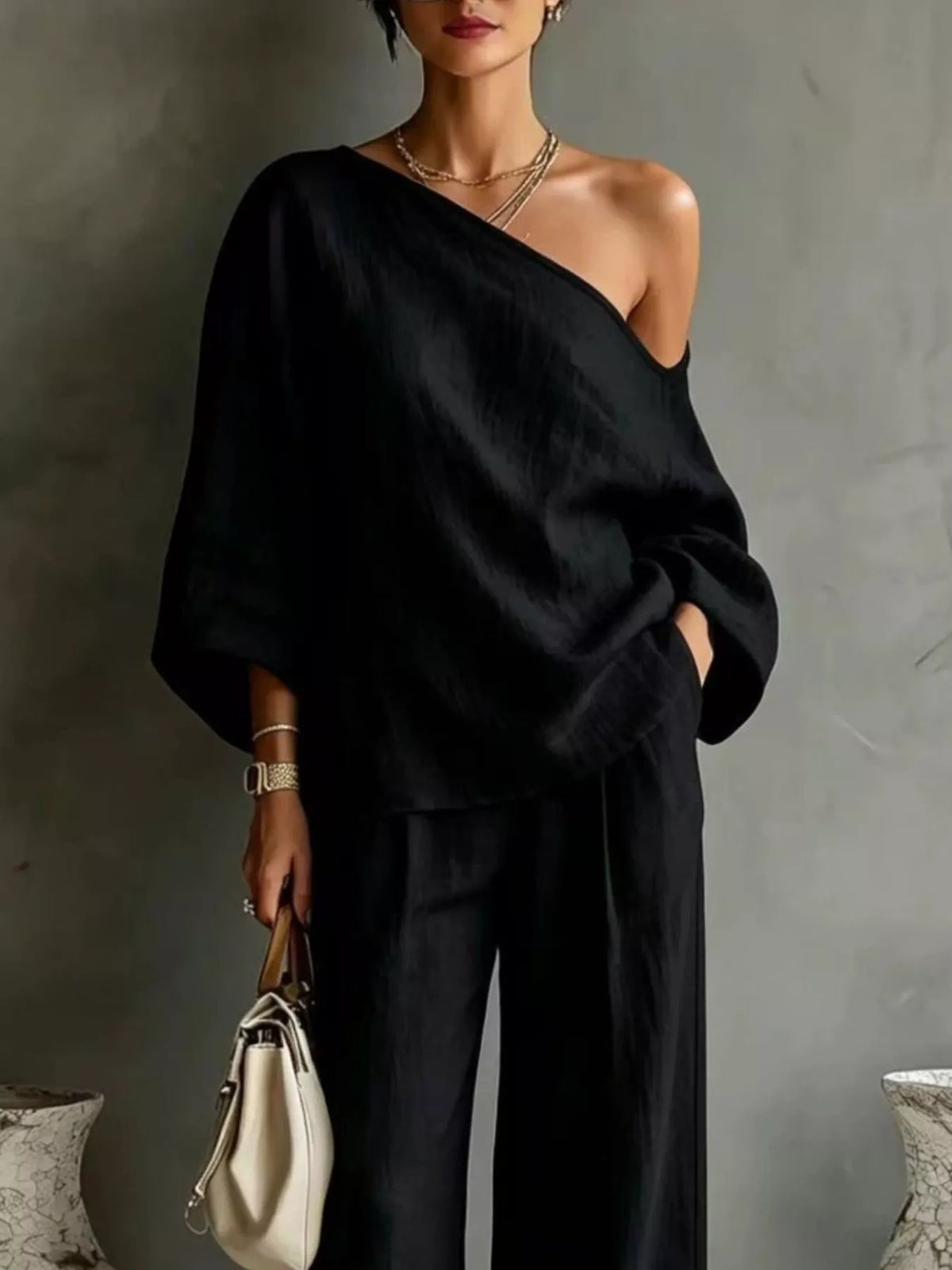 One Shoulder Top and Wide Leg Pants Set - Black - View 2