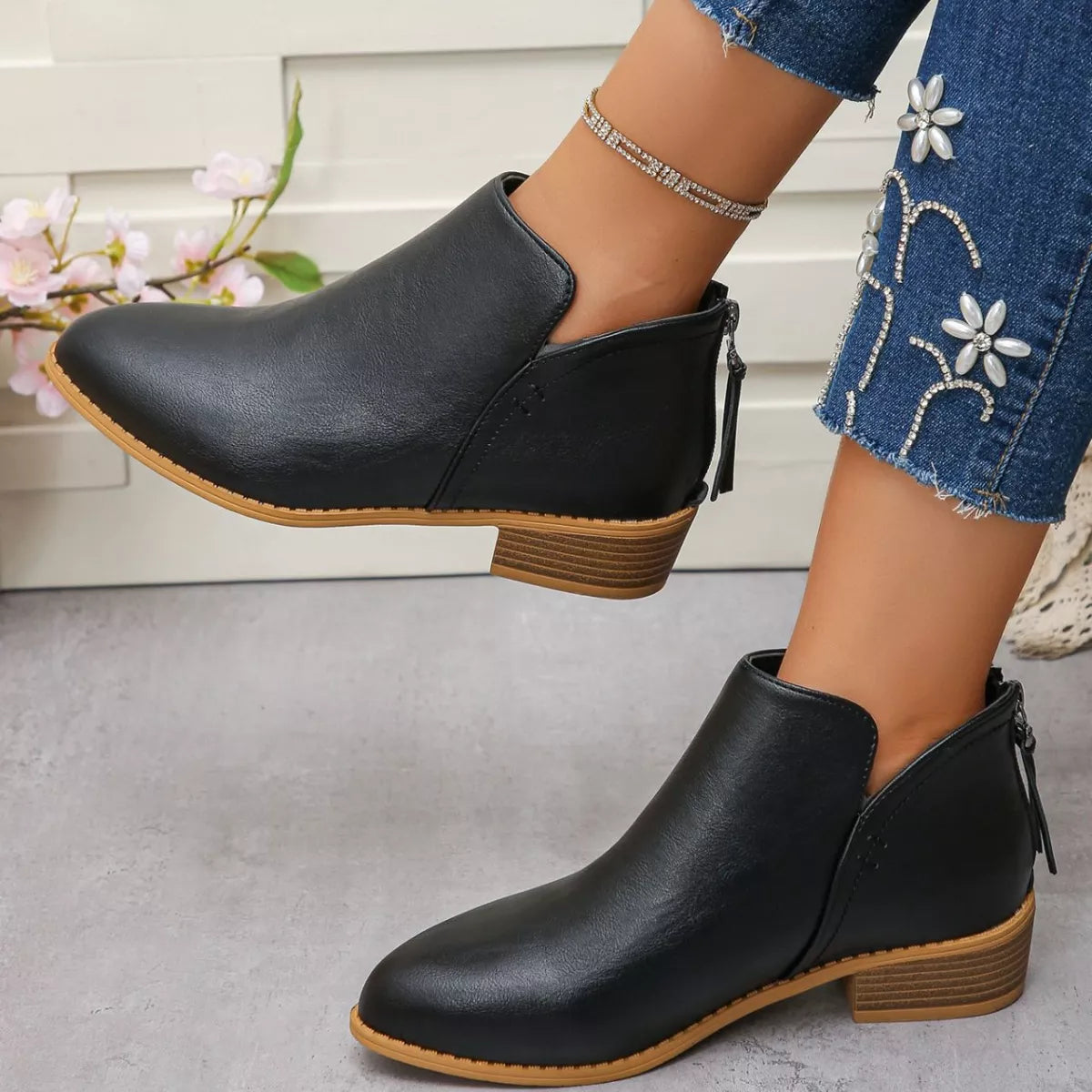Point Toe Block Heels Boots - Black - View 29