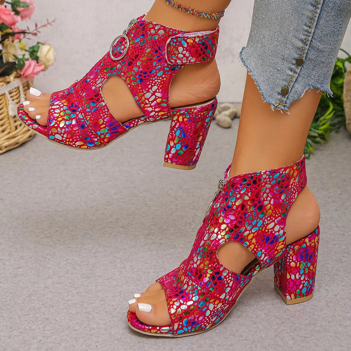 Open Toe Block Heels Sandals - Red - View 1
