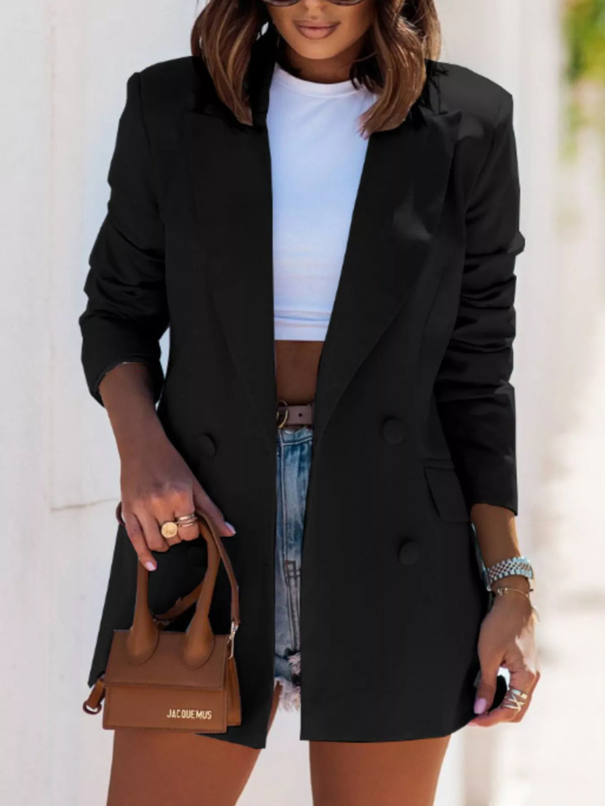 Lapel Collar Long Sleeve Blazer - Black - View 10