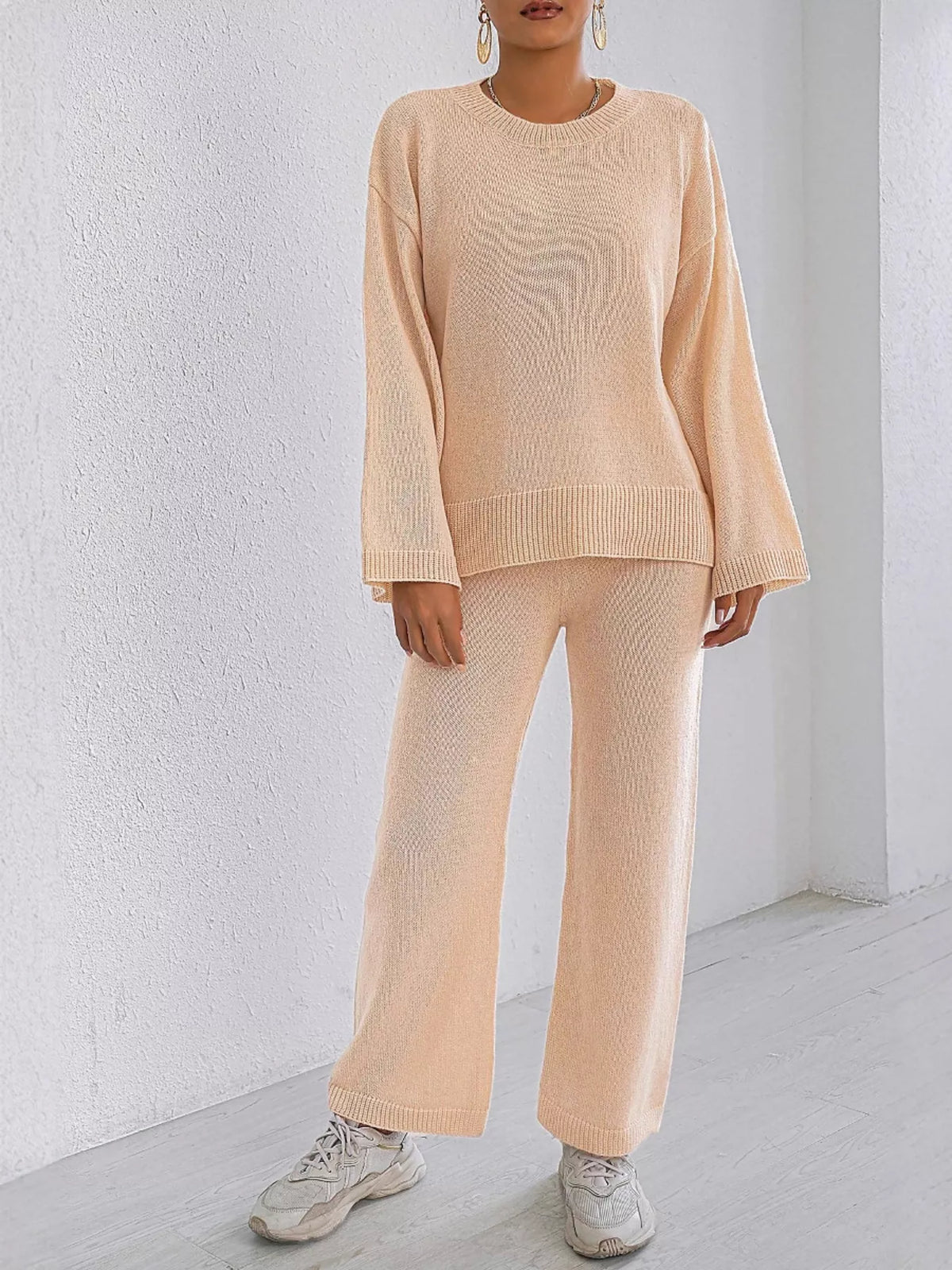 Dropped Shoulder Top and Pants Sweater Set - Apricot Suit - View 3