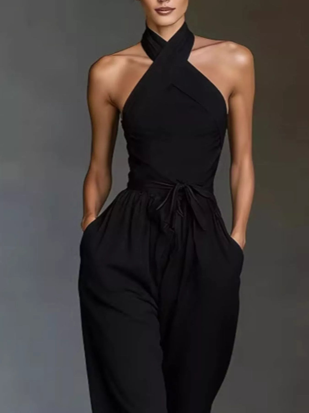 Halter Neck Wide-Leg Jumpsuit with Waist-Tie Detail - Black - View 2