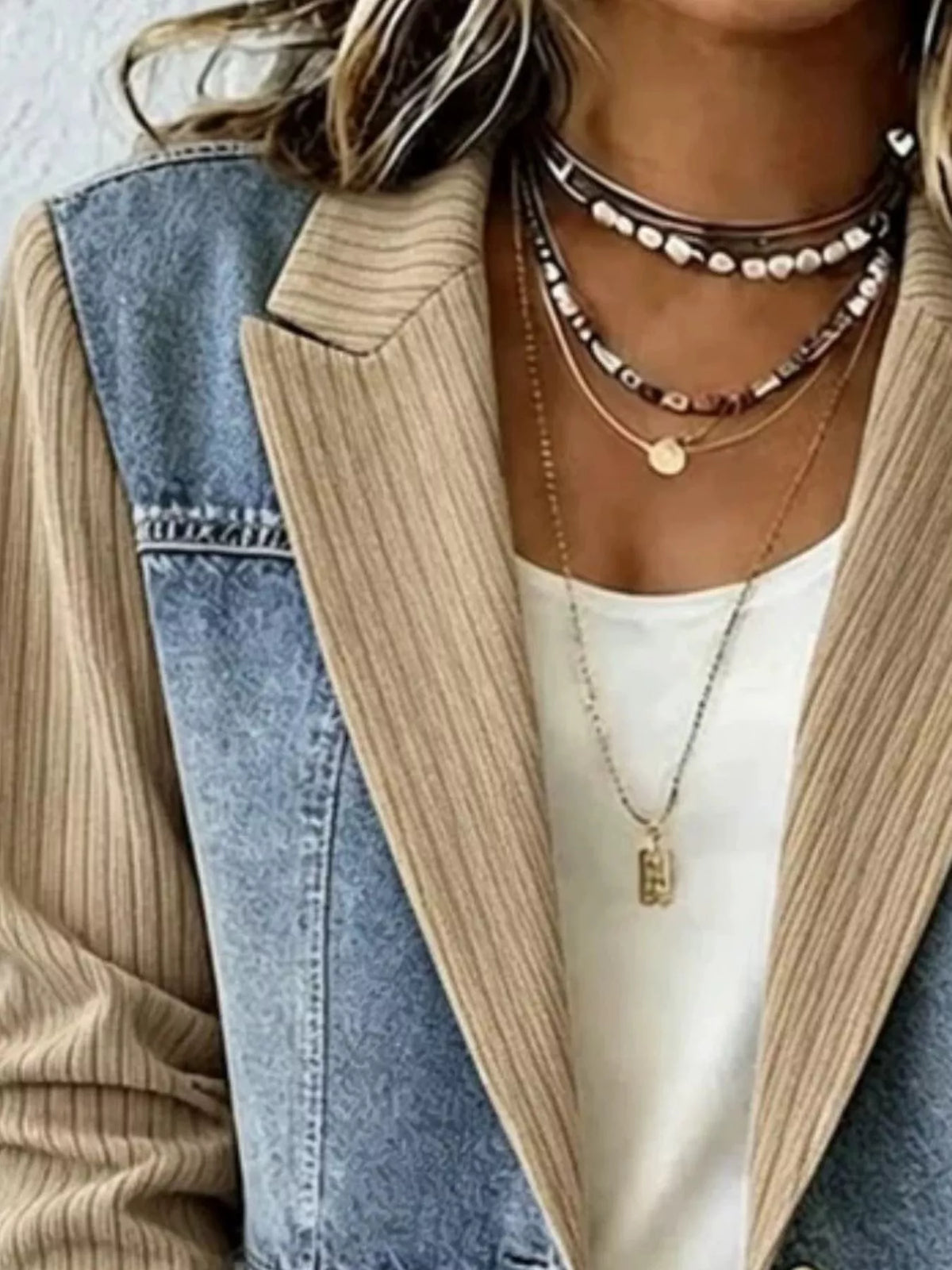 Full Size Patchwork Denim Ribbed Blazer Plus Size - Tan - View 2