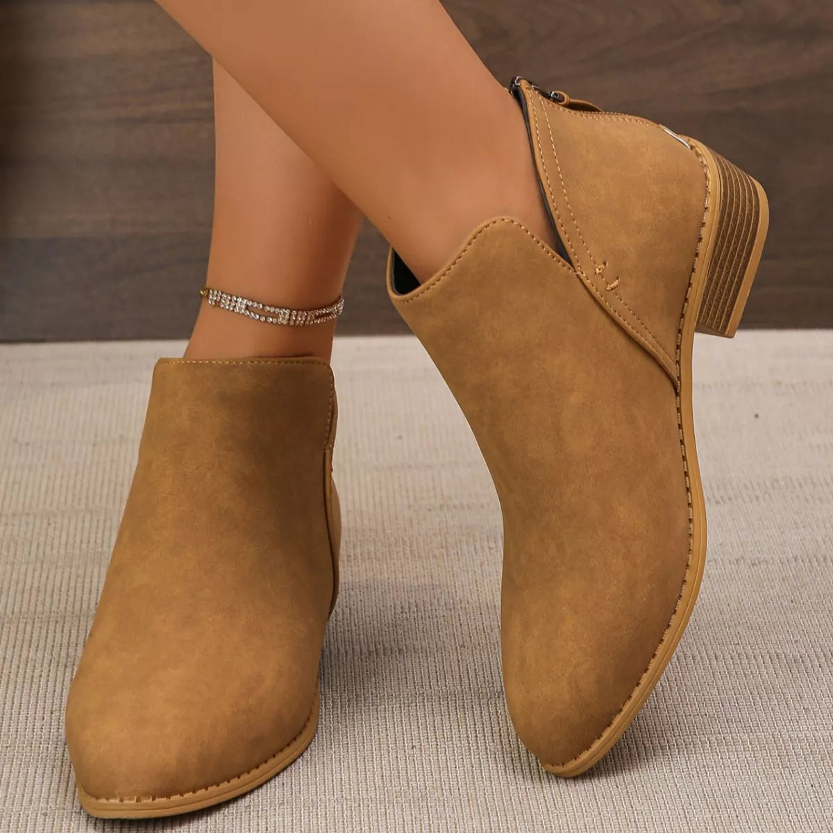 Point Toe Block Heels Boots - Light Brown - View 18