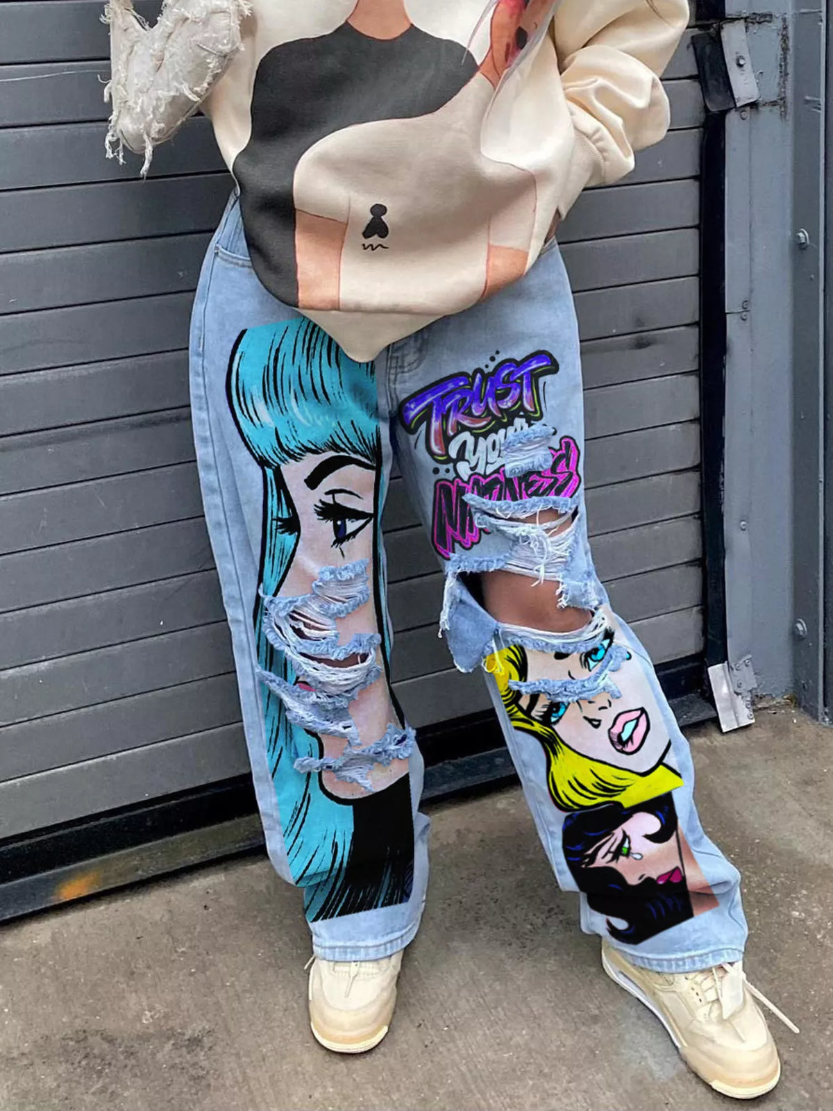 Full Size Pop Art Graphic Distressed Wide-Leg Jeans Plus Size - Light Blue - View 1