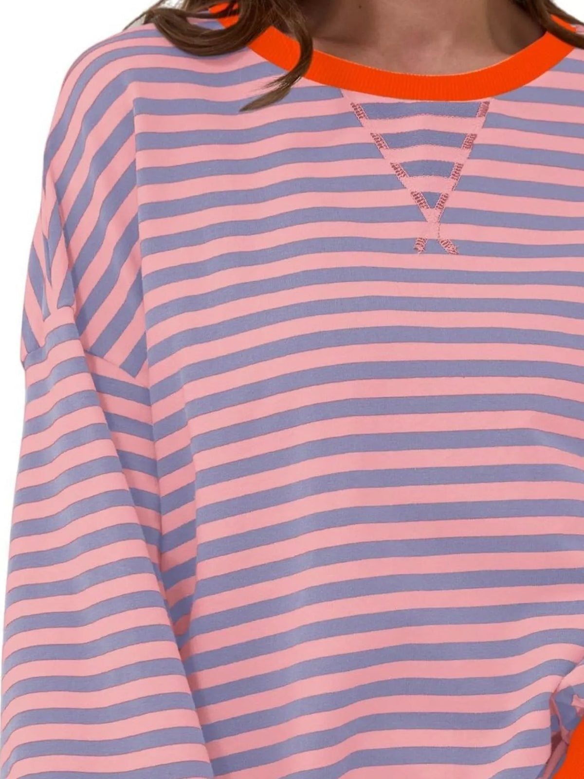 Striped Contrast Trim Oversized Sweatshirt - Orange - View 2