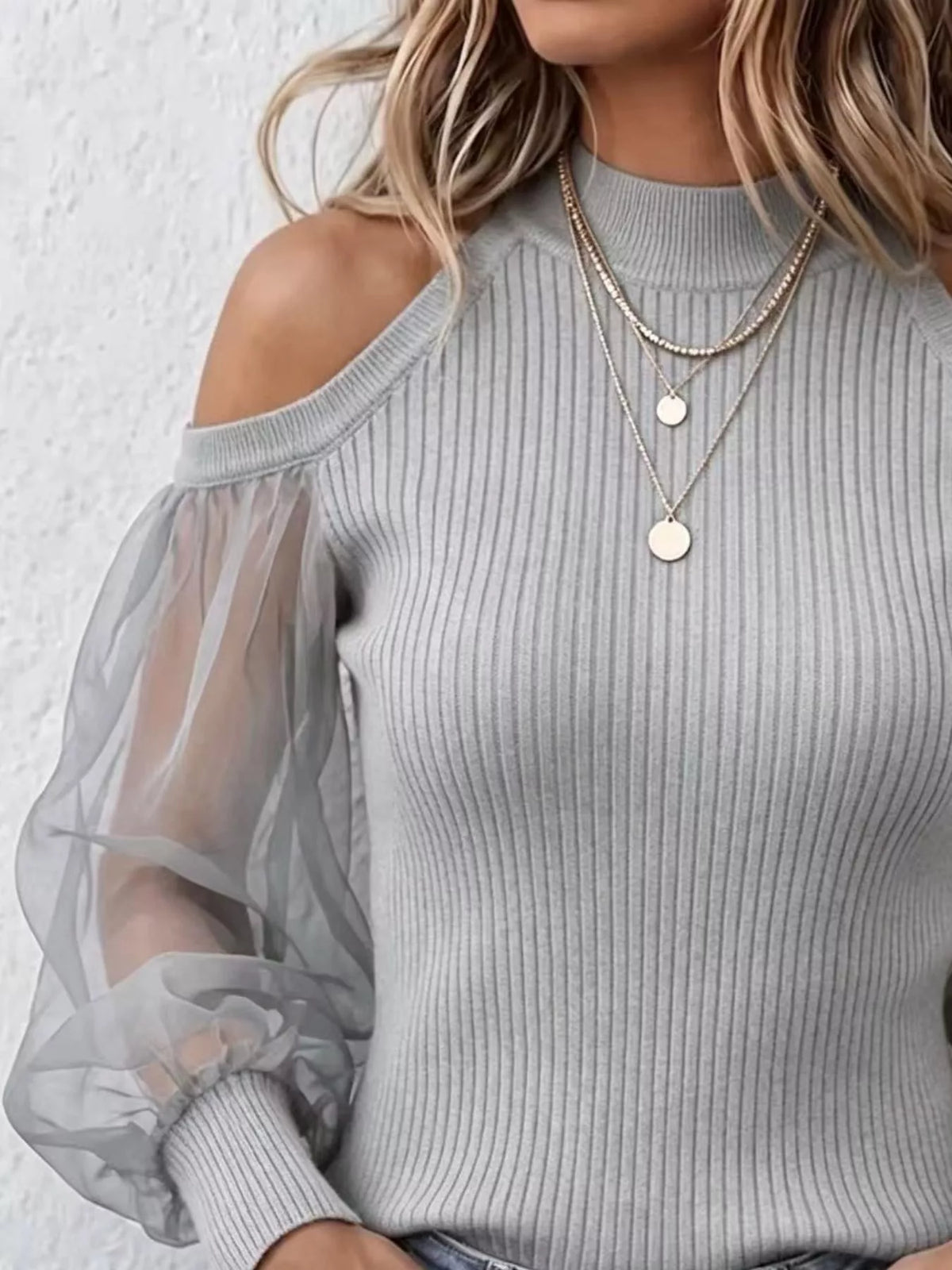 Full Size Cold Shoulder Sheer Mesh Sleeves Top Plus Size - Light Gray - View 2