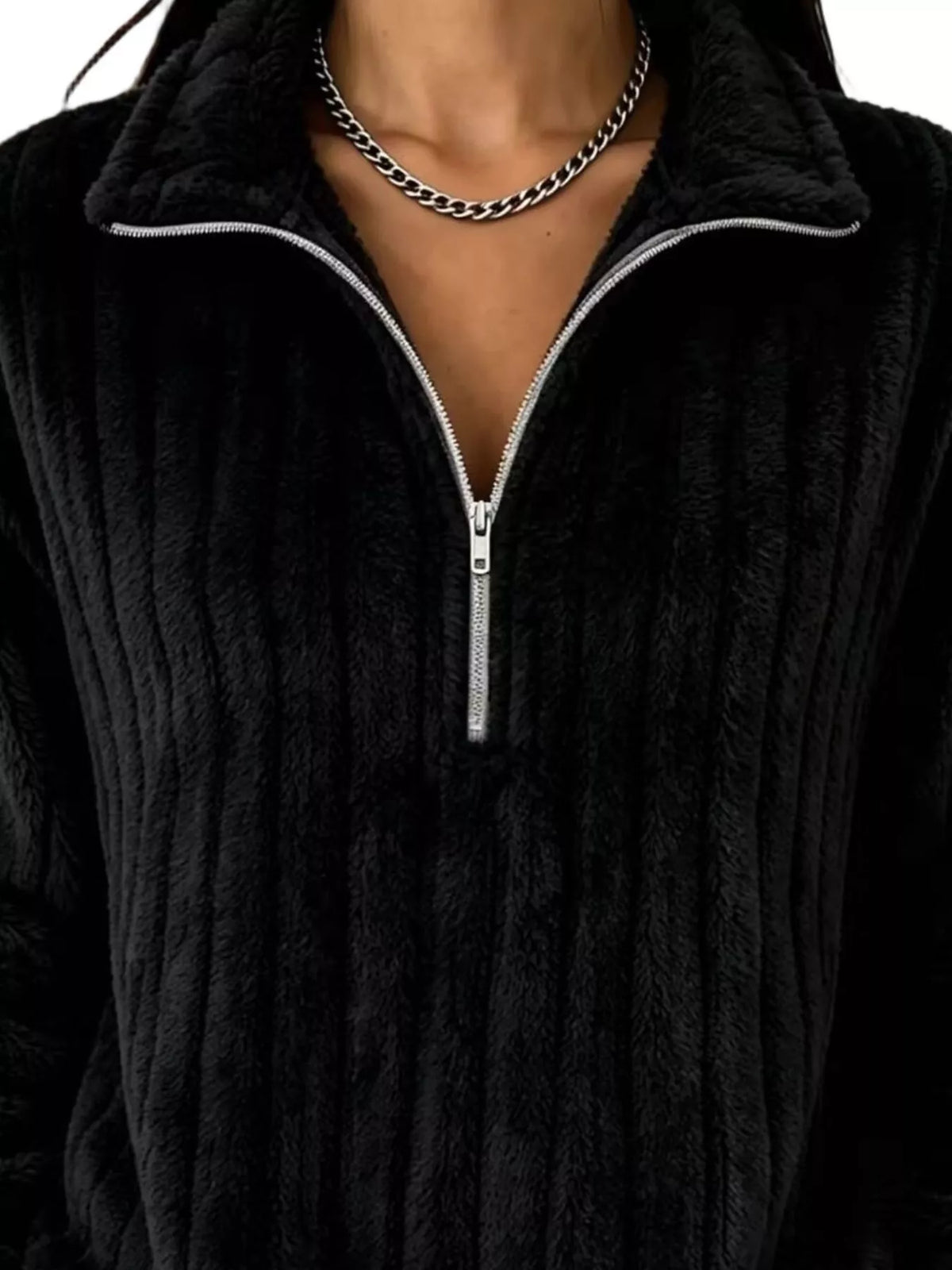 Quarter-Zip Dropped Shoulder Sweatshirt - Black - View 2