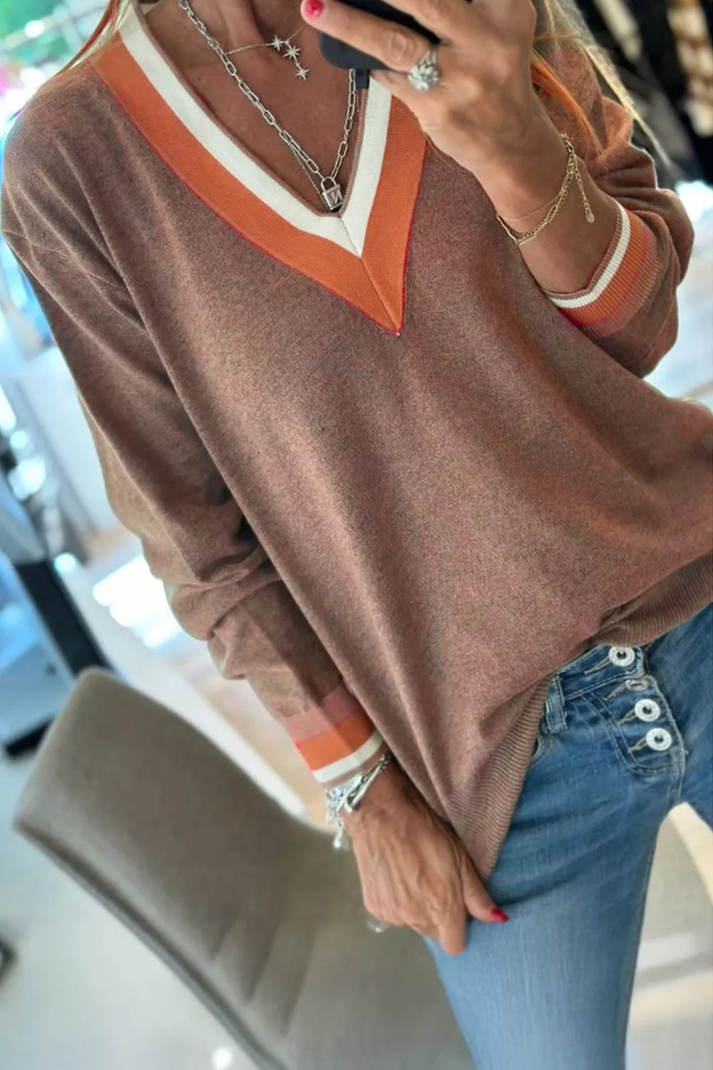 Contrast Trim V-Neck Sweater - Brown - View 3