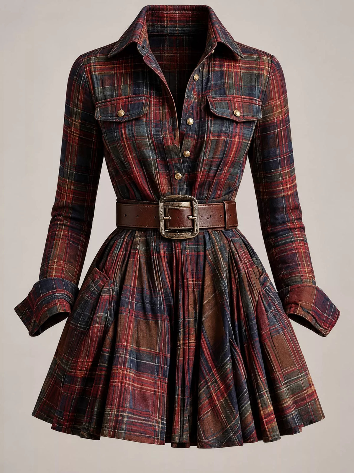 Plaid Long-Sleeve Shirt Dress - Red Brown (with Belt) - View 5