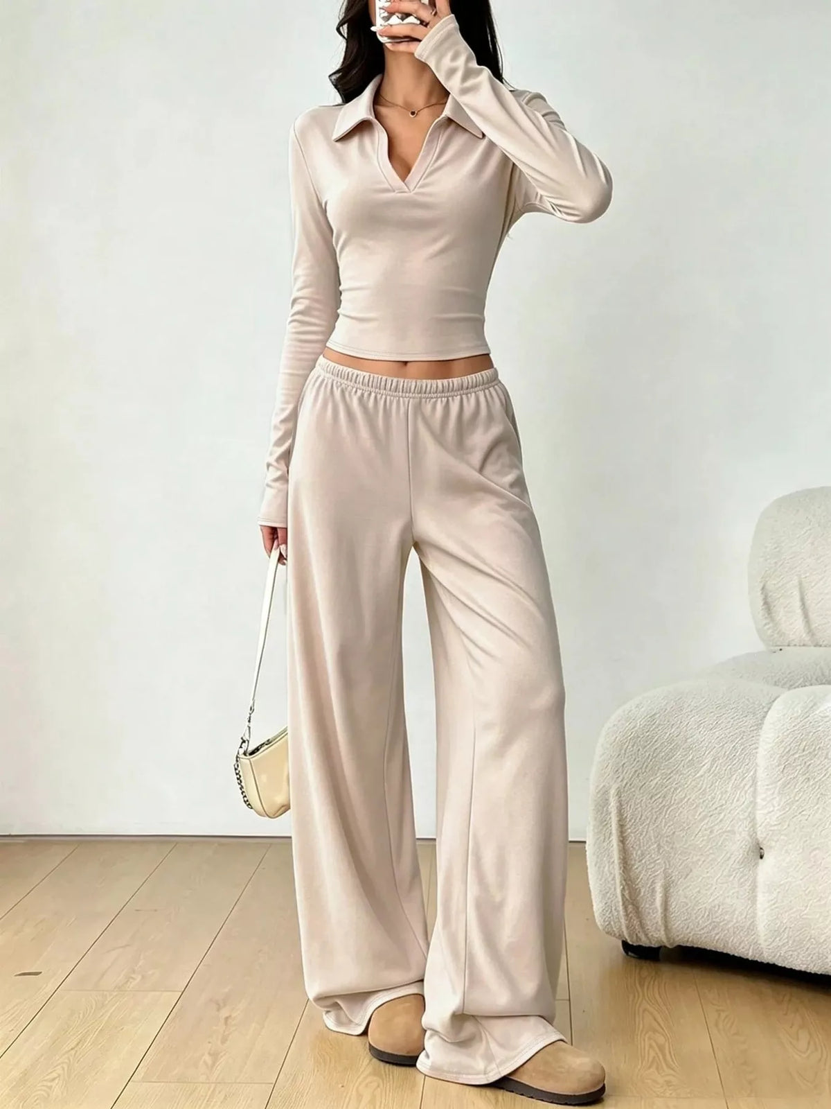 Solid Color Long Sleeve Polo Collar Top and Wide Leg Pants Set - Apricot - View 1