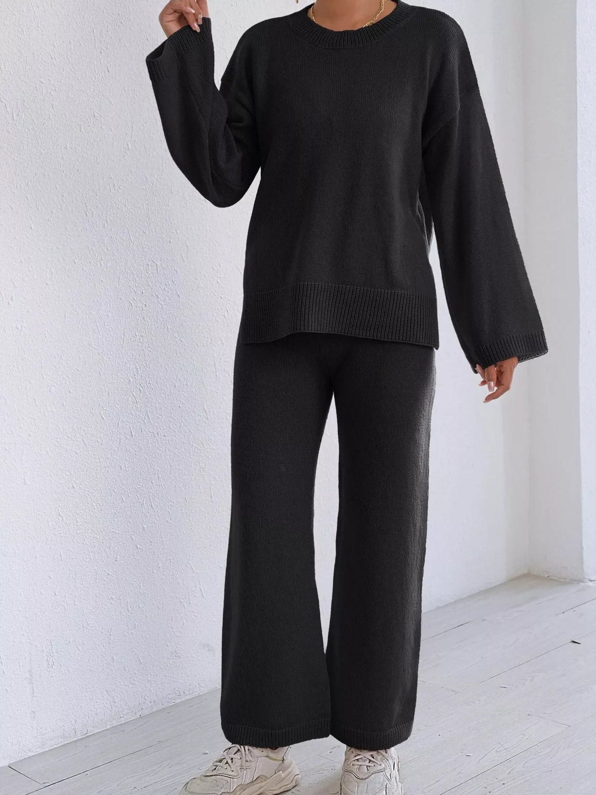 Dropped Shoulder Top and Pants Sweater Set - Black Suit - View 5