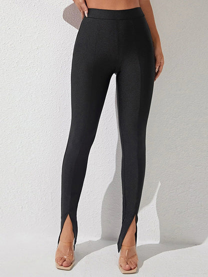 High Waist Slit Skinny Pants - Black - View 1