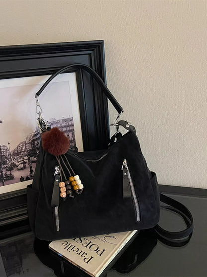 Decorative Pom-Pom and Bead Charm Shoulder Bag - Black - View 1