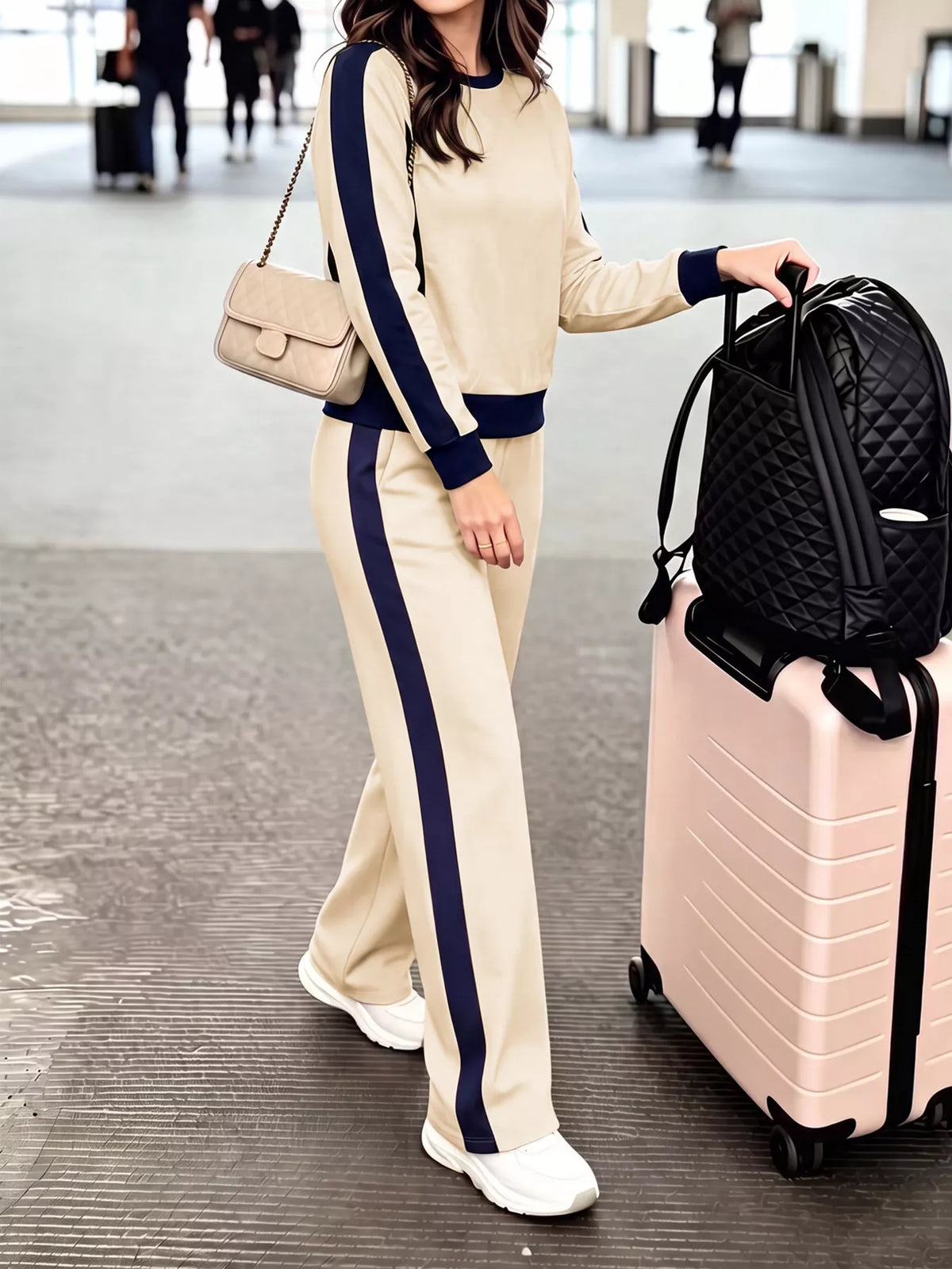 Contrast Side Stripes Top and Pants Set - Apricot - View 2