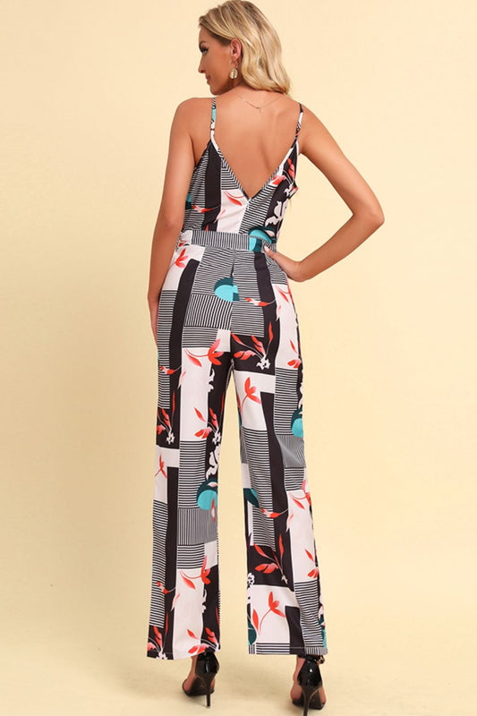 Printed Spaghetti Strap Tied Jumpsuit - White - View 2