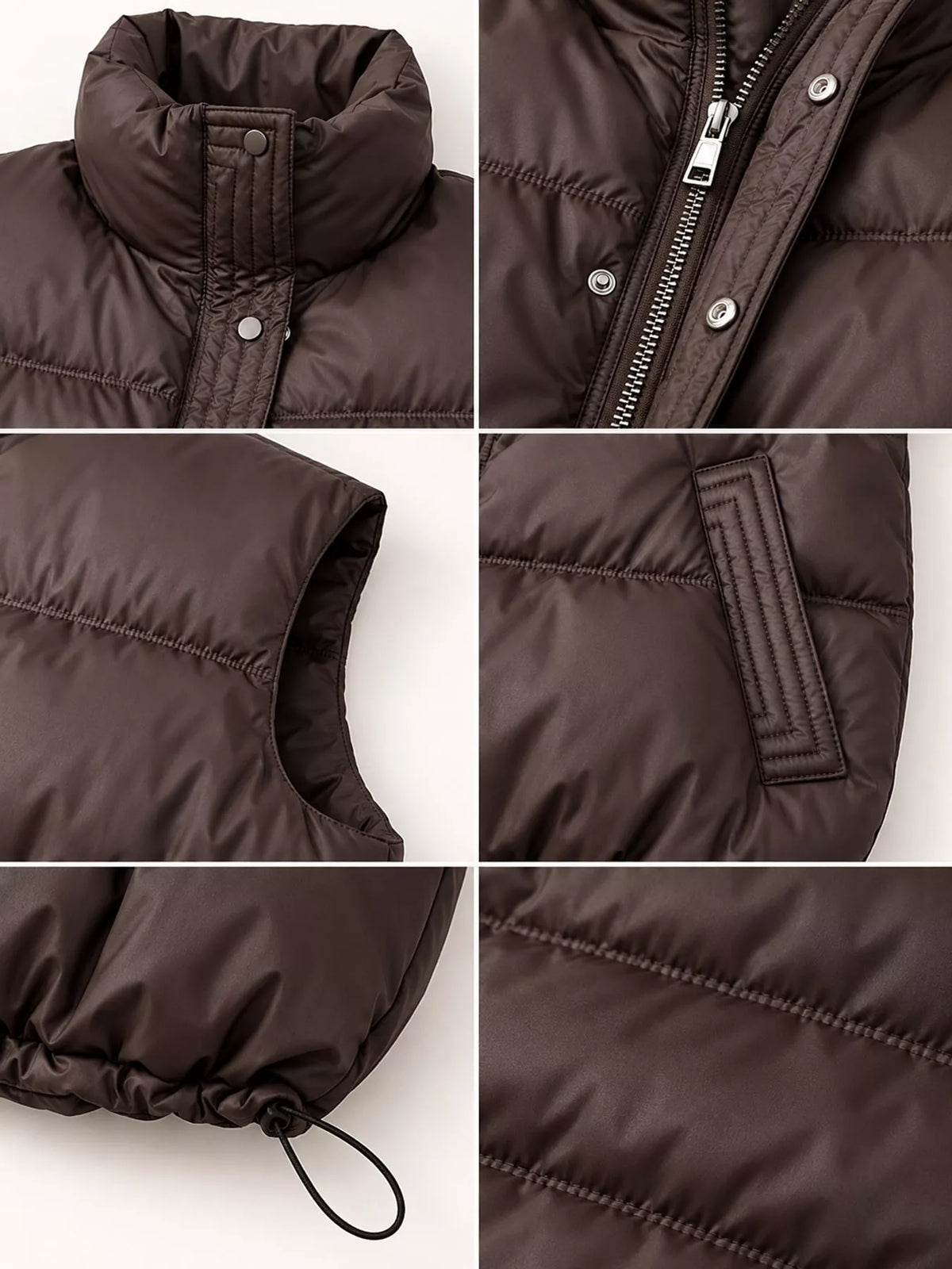 Drawstring Snap Down Puffer Vest Coat - Coffee - View 10