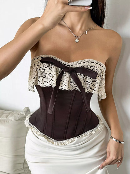 Crochet Lace Strapless Boned Corset Lace‑Up Waist Cincher Tube Top - Brown - View 1