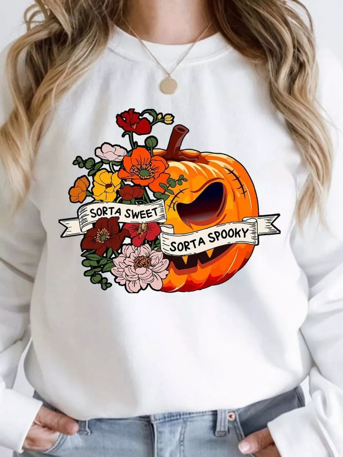 Halloween Pumpkin Floral Round Neck Sweatshirt - White - View 1