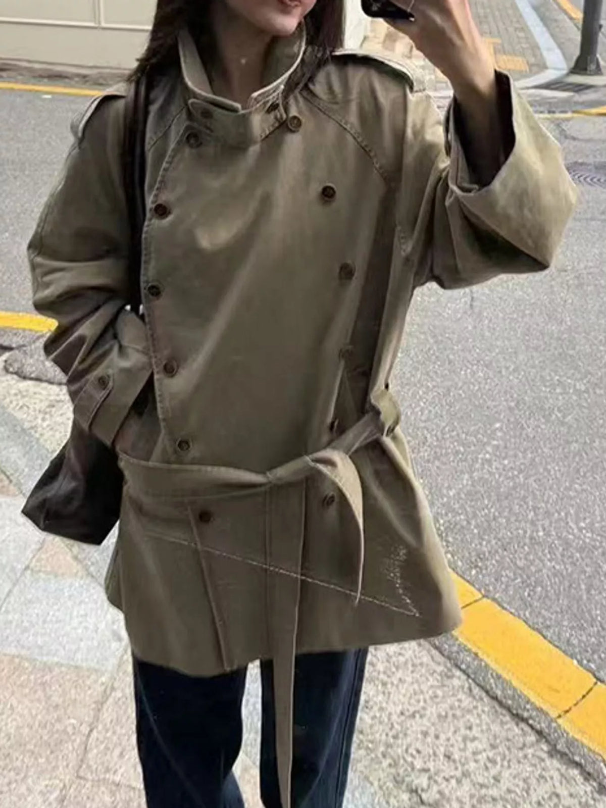 Vintage-Inspired Double-Breasted Belted Trench Outerwear - Camel - View 1