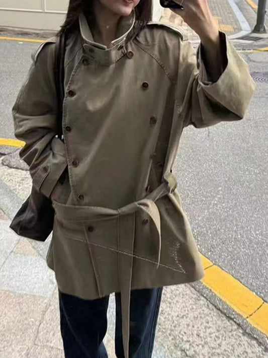 Vintage-Inspired Double-Breasted Belted Trench Outerwear - Camel - View 1