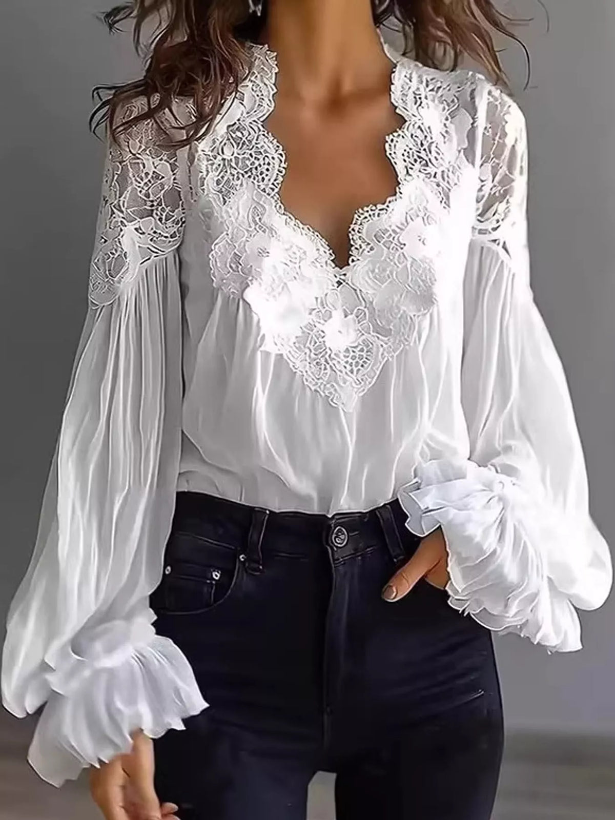 Full Size Lace V-Neck Flounce Sleeve Blouse Plus Size - White - View 4