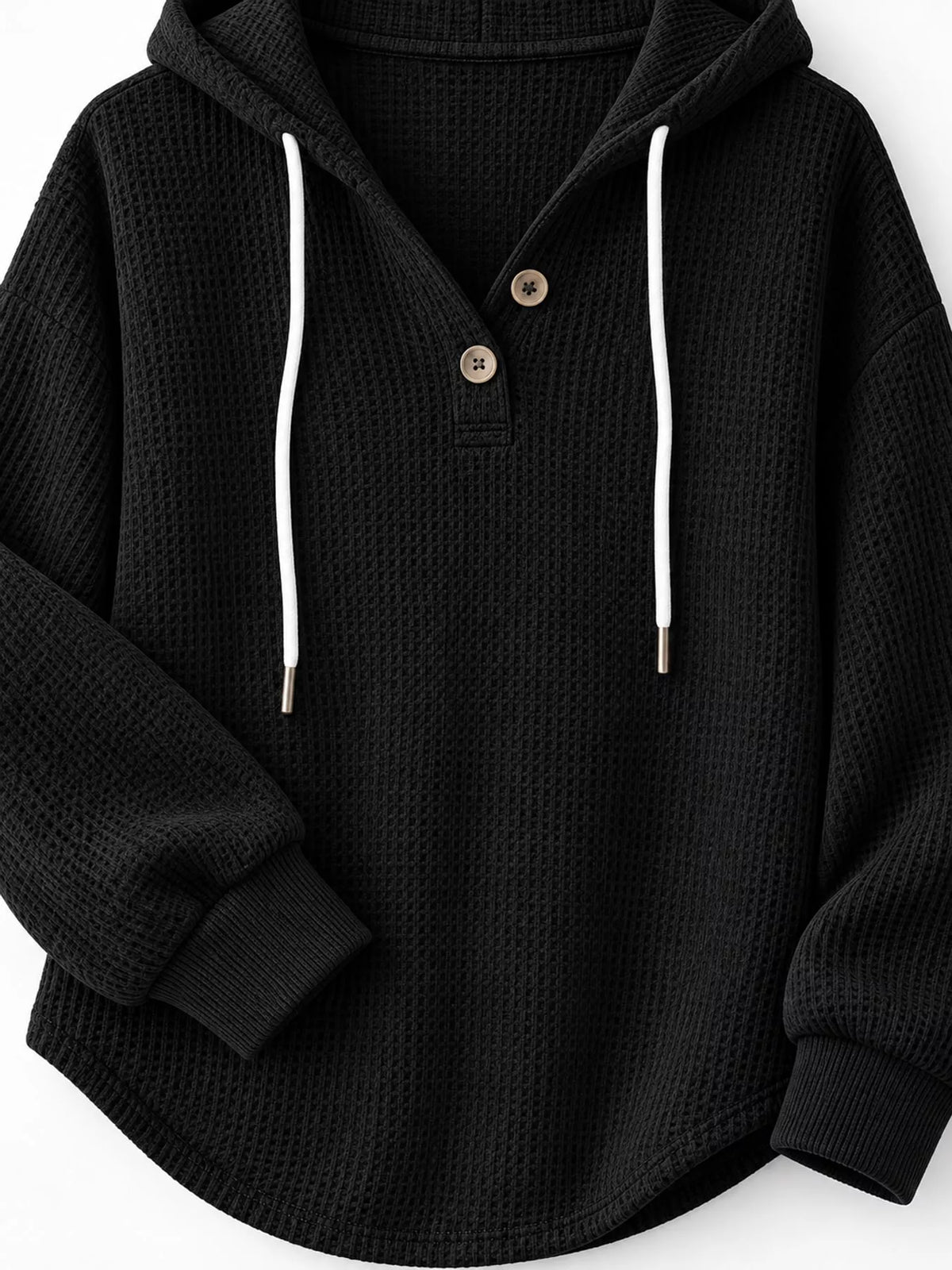 Full Size Waffle Knit Button Detail Hoodie Plus Size - Black - View 24