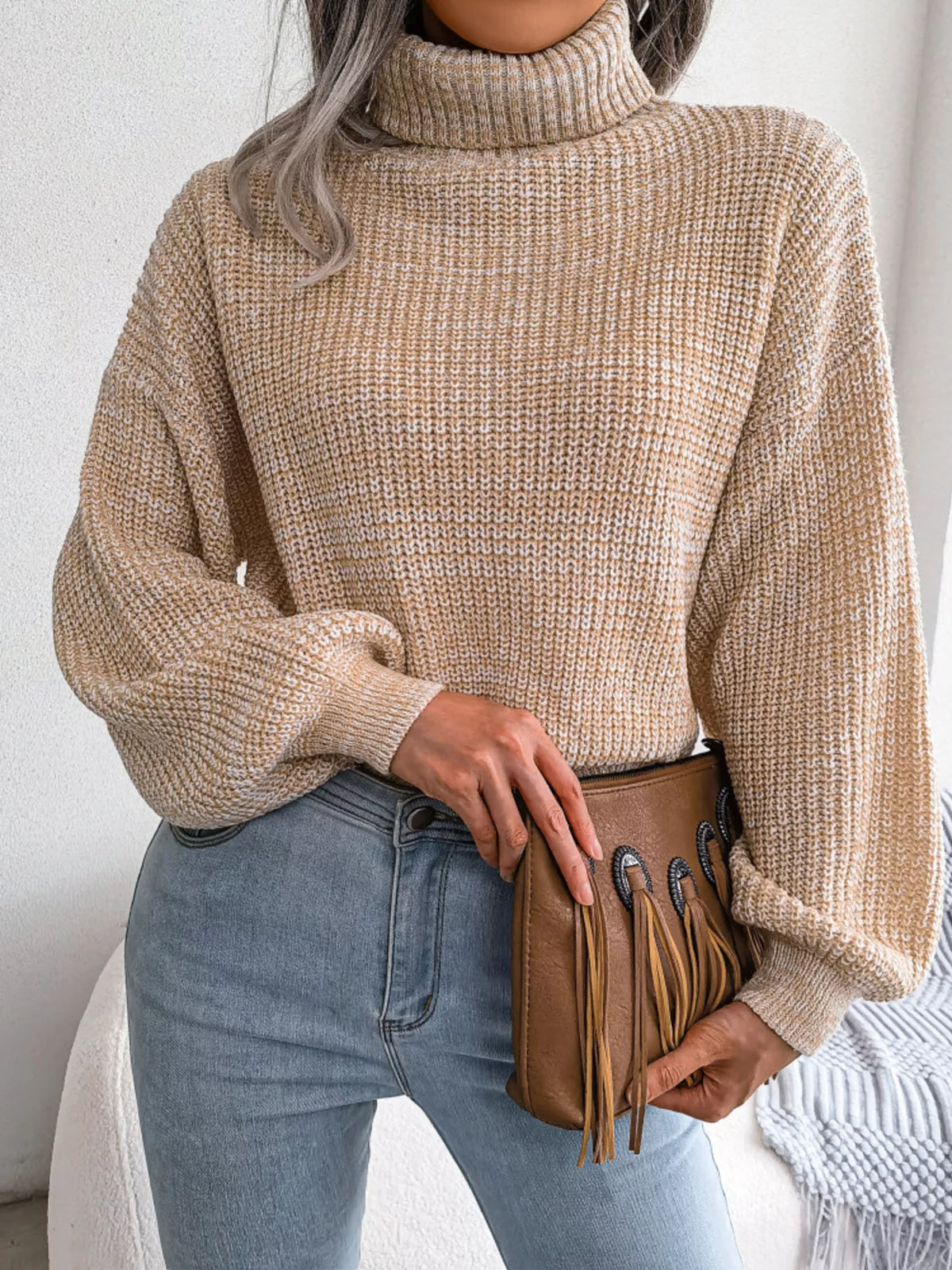 Turtleneck Dropped Shoulder Sweater - Beige - View 1