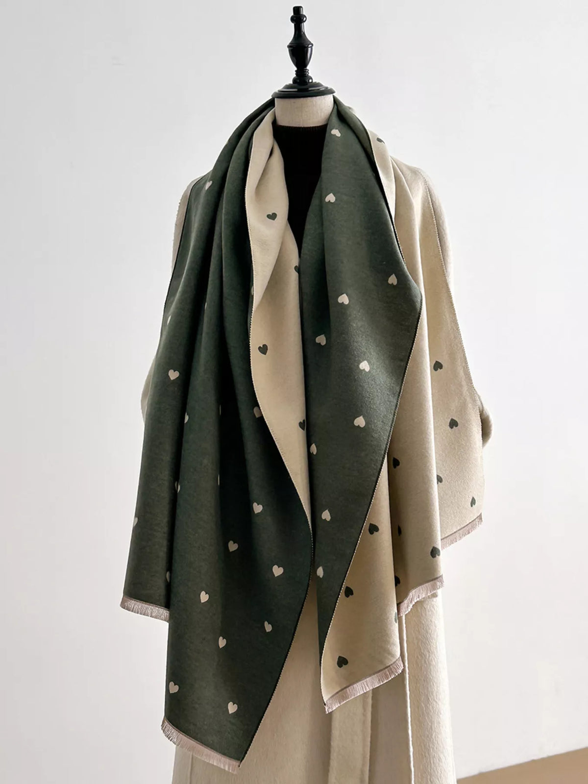 Heart Raw Hem Scarf - Green - View 8