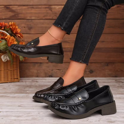 Round Toe Block Heels Loafers - Black - View 1