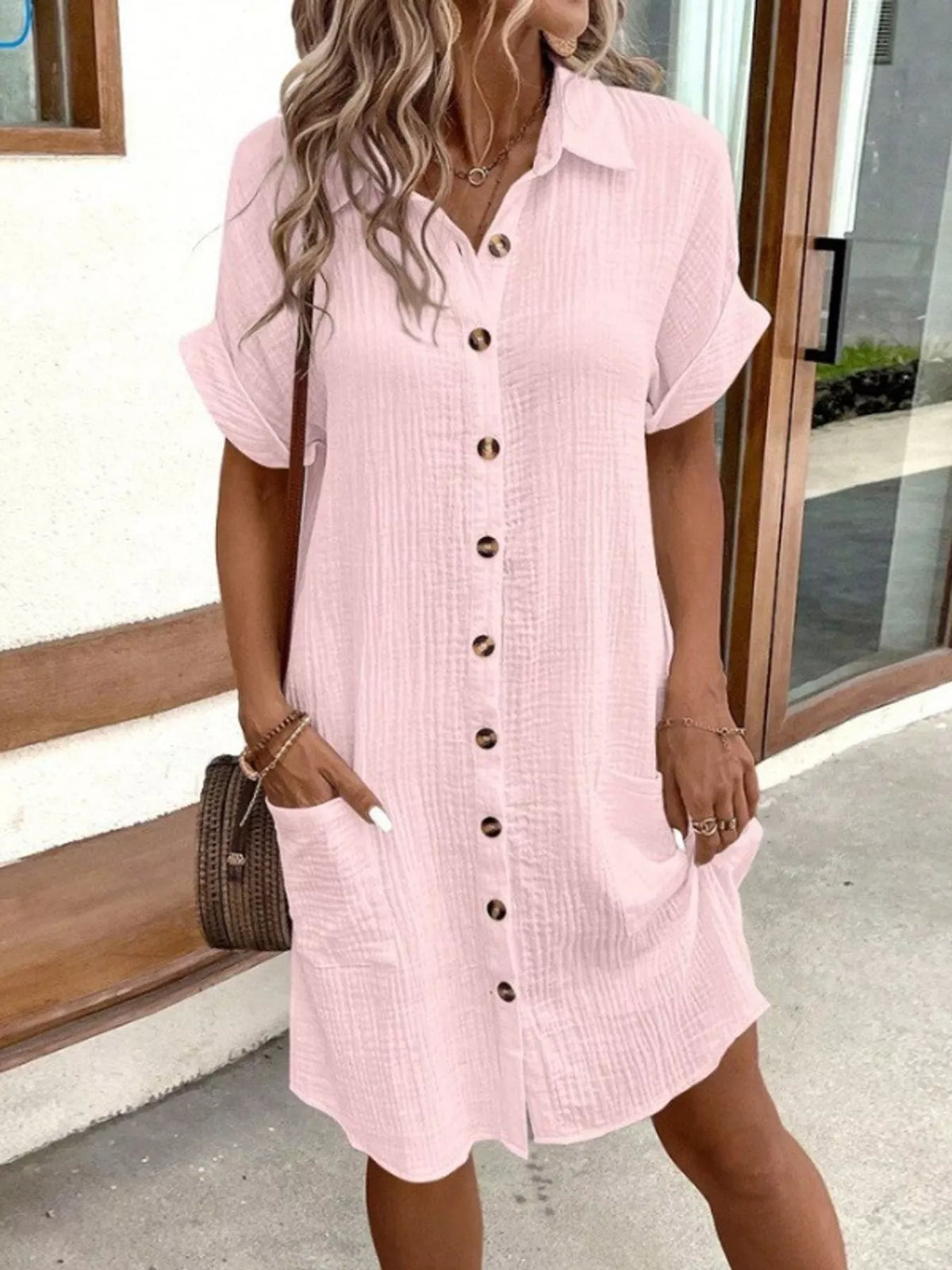 Full Size Button-Down Textured Shirt Dress with Pockets Plus Size - Pink - View 11