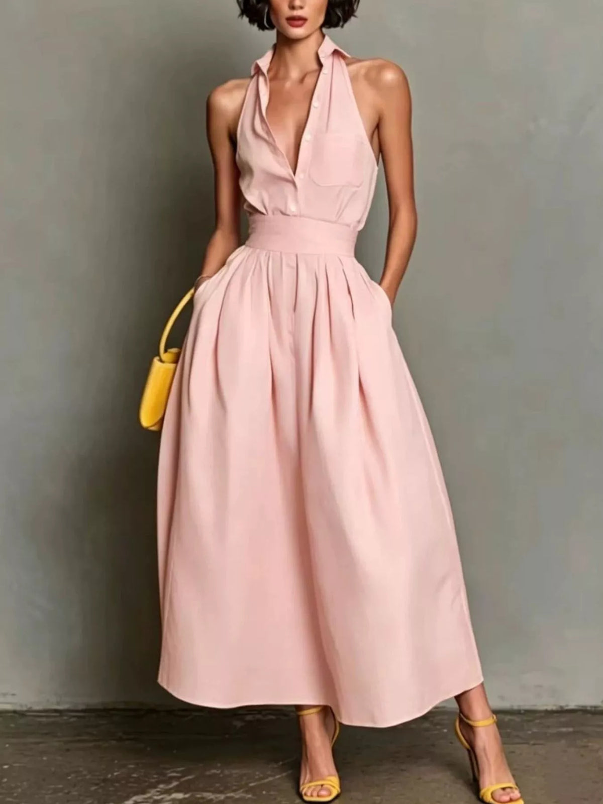 Sleeveless Collared A-Line Midi Dress - Dusty Pink - View 1