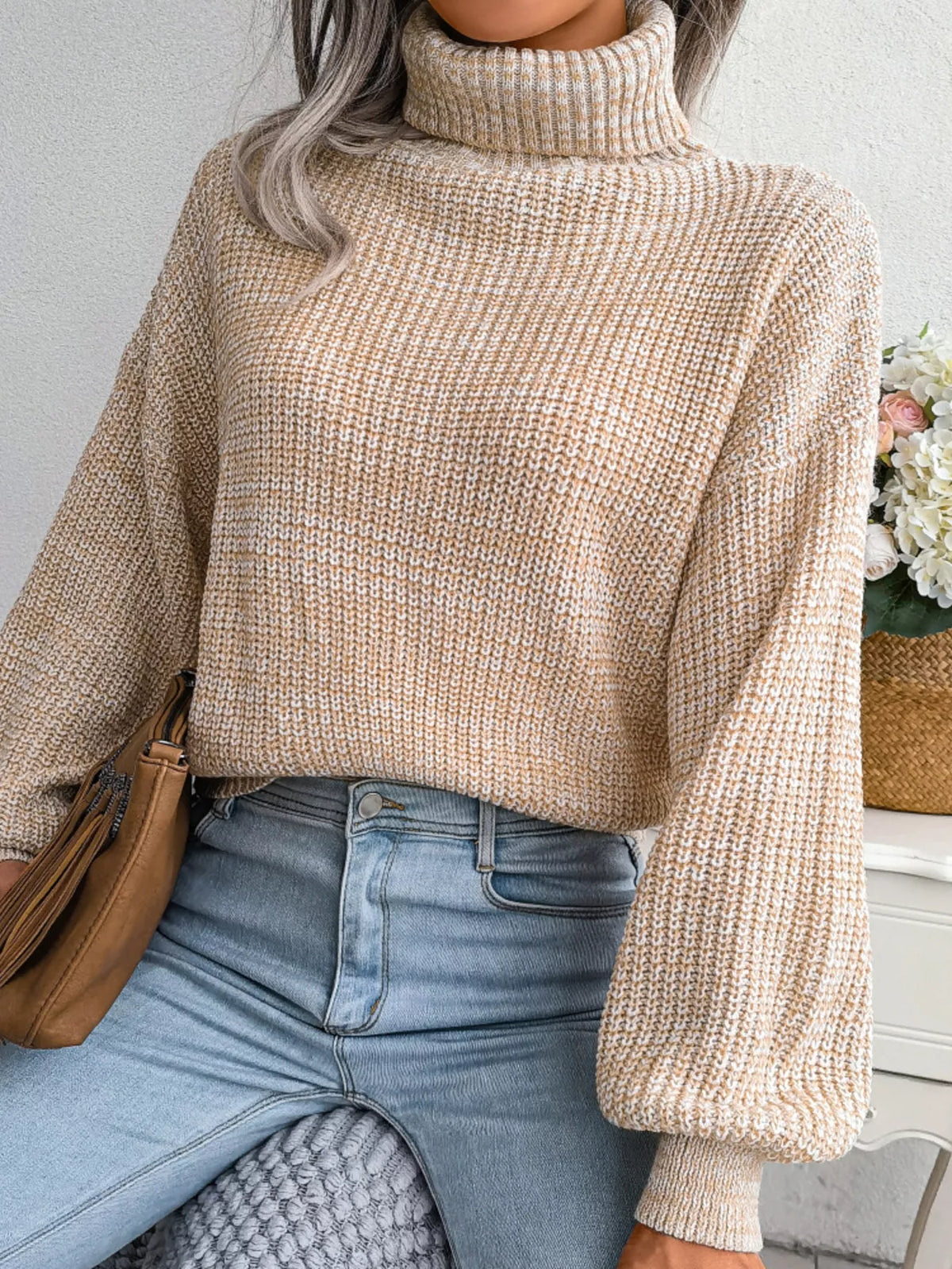 Turtleneck Dropped Shoulder Sweater - Beige - View 5
