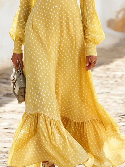 Full Size Polka Dot Ruffle V-Neck Maxi Dress Plus Size - Pastel Yellow - View 3