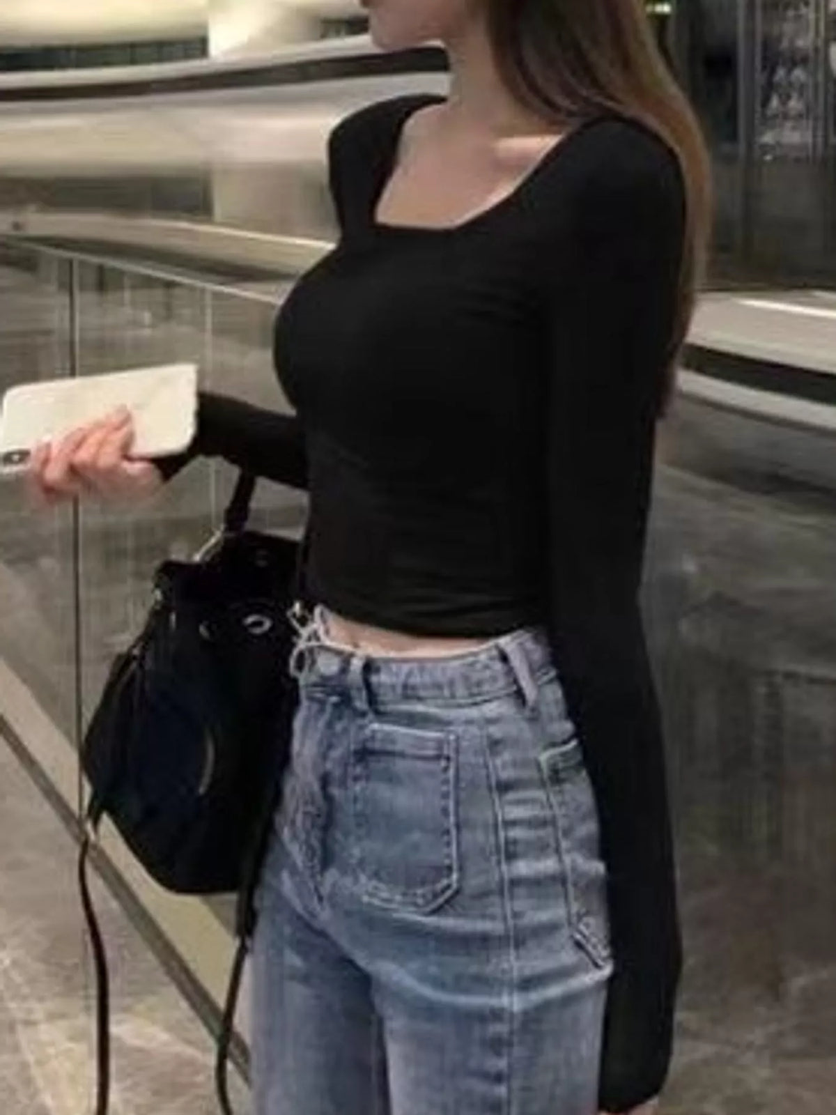Slim-Fit Long Sleeve U-Neck Cropped T-Shirt - Black - View 4