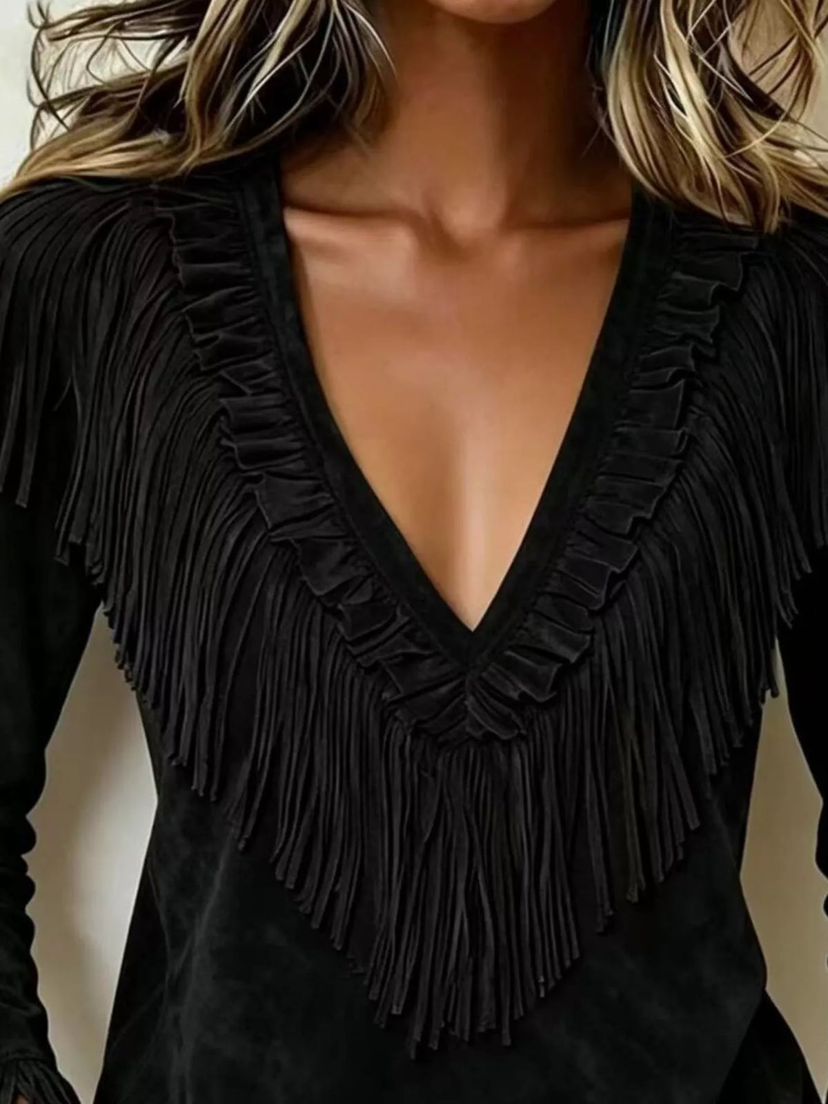 Fringed V-Neck Blouse - Black - View 2