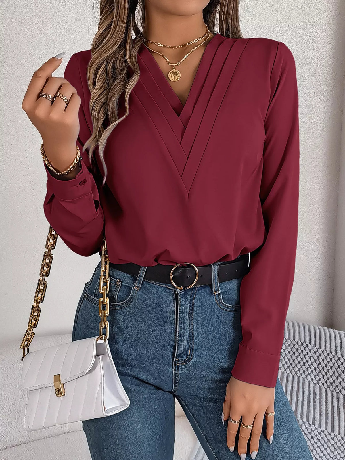 Layered V-Neck Long Sleeve Blouse - Burgundy - View 27
